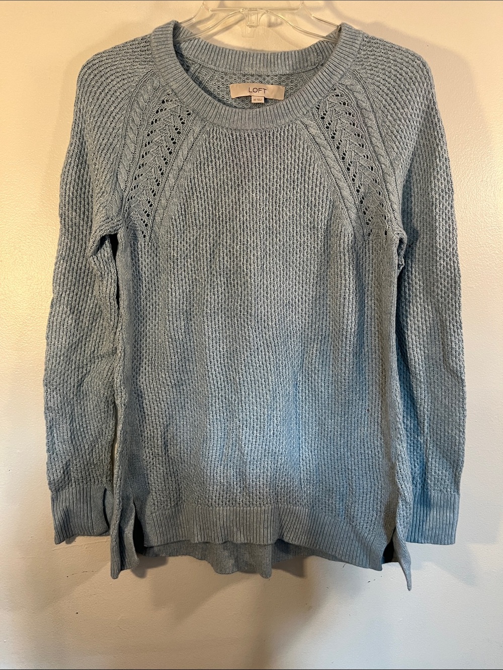 LOFT Light Blue Crewneck Knit Sweater with Eyelet Shoulders
